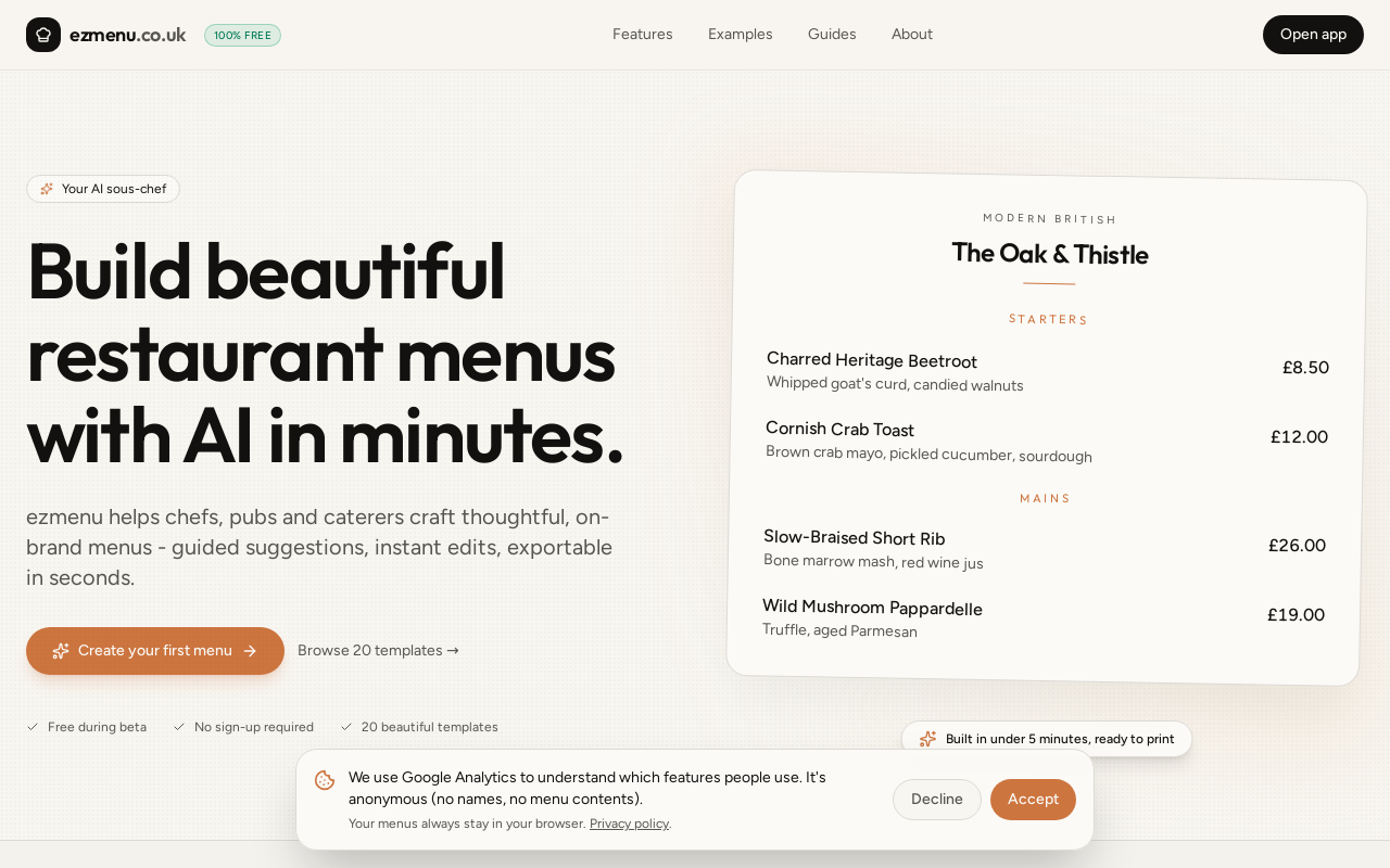 EZmenu.co.uk live project example: AI menu builder homepage