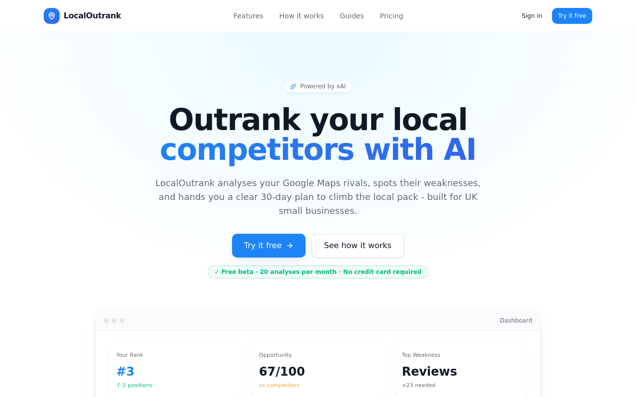 LocalOutrank.co.uk live project example: local SEO tool homepage