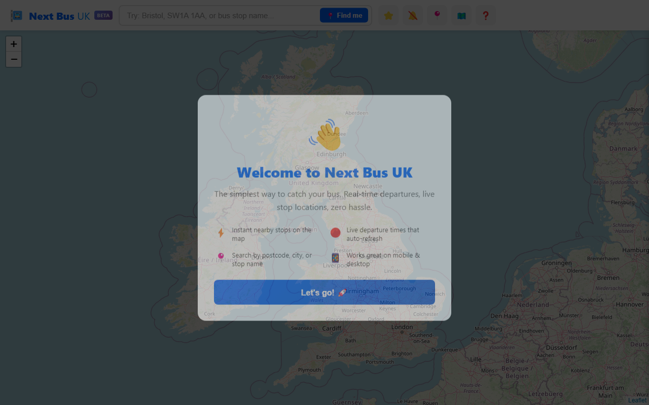 Next-Bus.uk live project example: UK bus times homepage