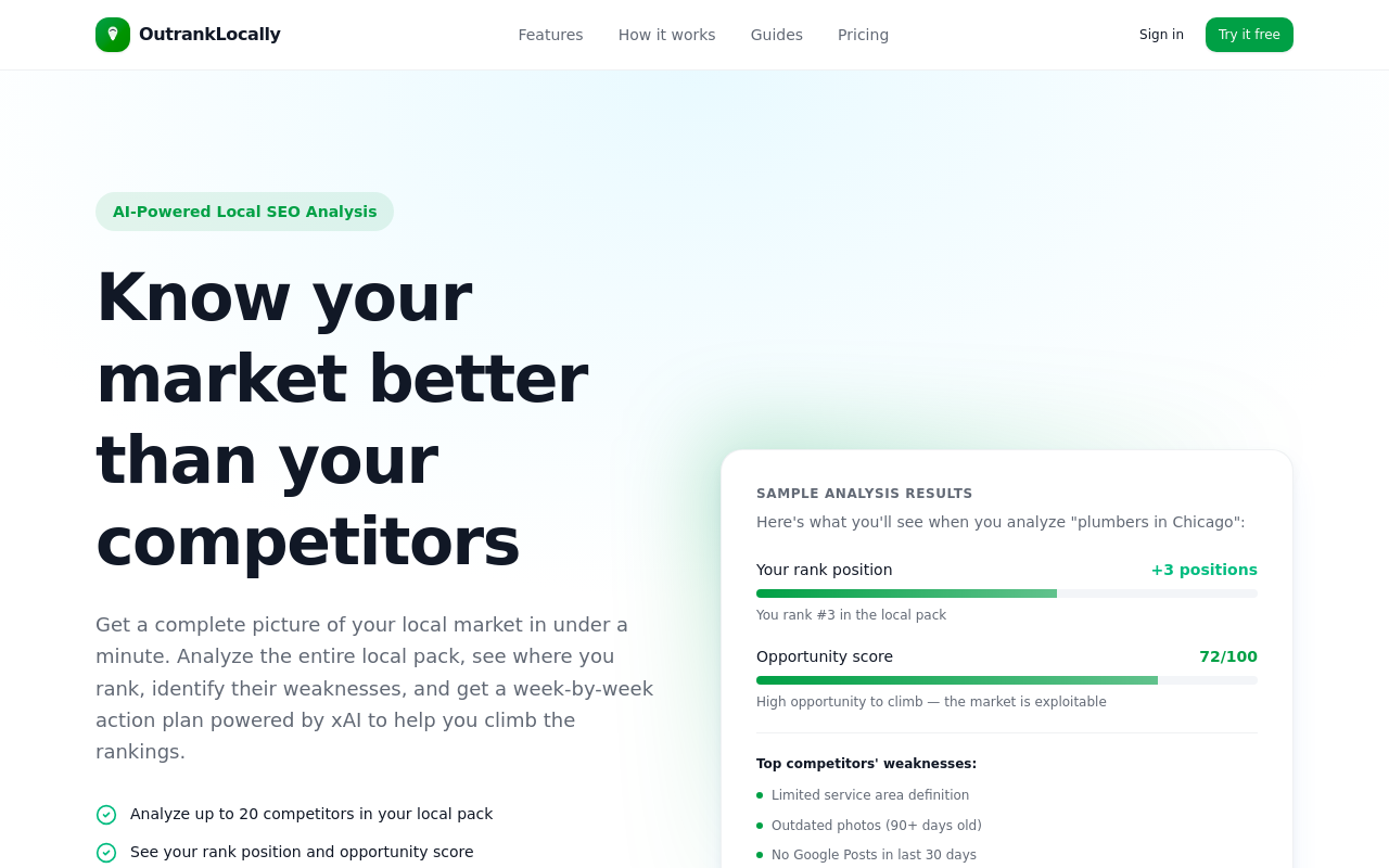 OutrankLocally.com live project example: market intel homepage
