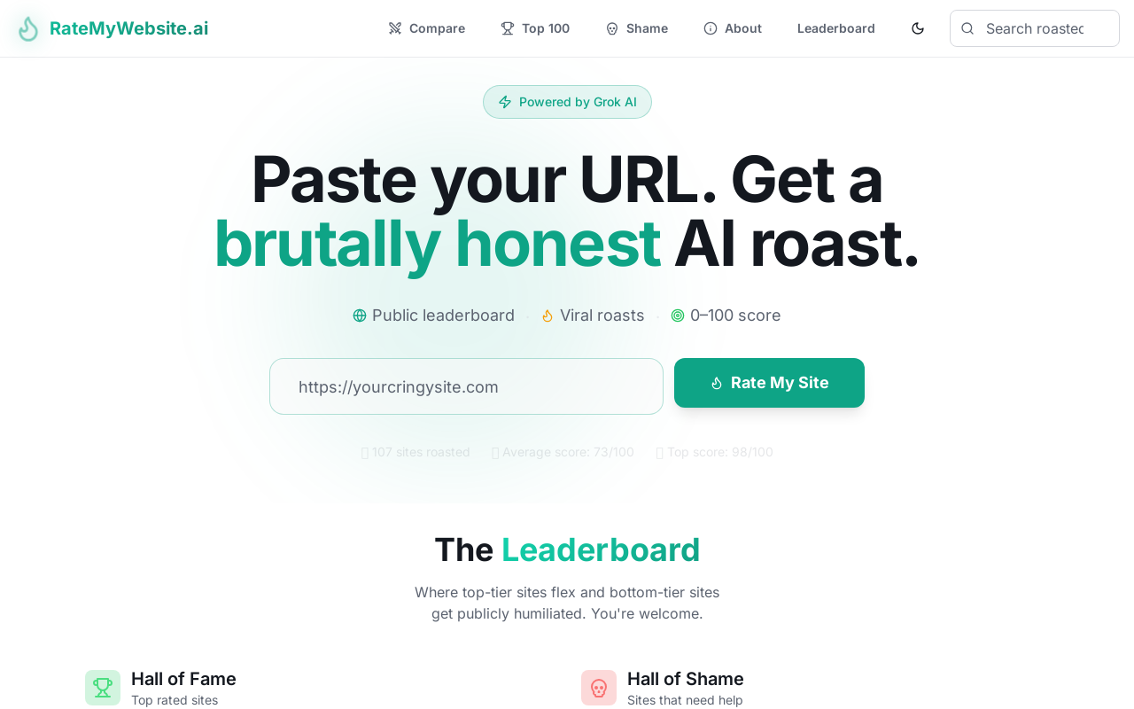 RateMyWebsite.ai live project example: website QA homepage